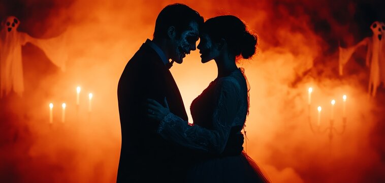 A zombie couple sharing a slow dance in a room filled with cobwebs, flickering candles, and ghostly decorations zombie halloween party concept.