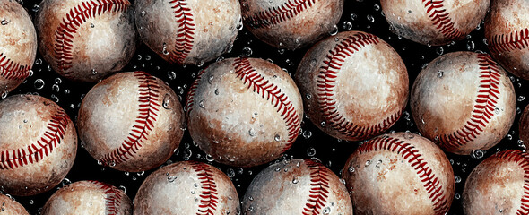 Watercolor illustration of baseballs with water droplets on a black background