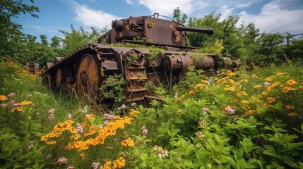 Obraz premium The concept of a world without war. Old vintage heavy military equipment in colored colors, sky background.