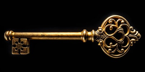 Obraz premium Vintage golden key displayed on a black background, creating an antique and retro look