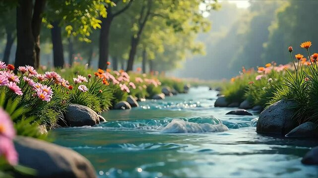 Close-up of a babbling brook flowing through a lush forest with pink and orange wildflowers on the banks.