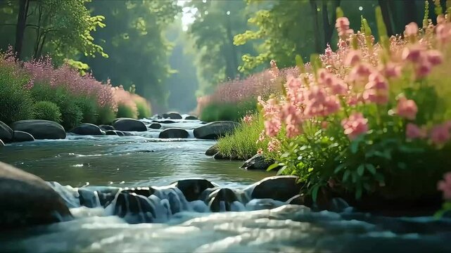 Tranquil stream flowing through a lush green forest with pink flowers blooming on the banks.