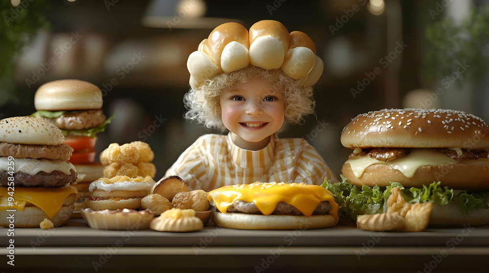 Wall mural smiling girl with curly hair wearing a bread hat and looking at the camera, surrounded by many hambu