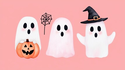 Obraz premium Colorful and cheerful Halloween ghosts with a pumpkin, spider web, and witch hat on a pink background.