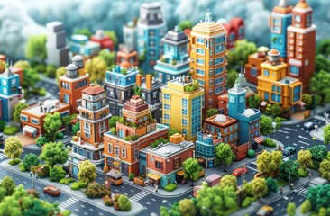Obraz premium 3D isometric city with buildings, skyscrapers, roads, cars, and trees
