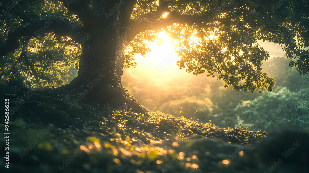 Poster sunlight filtering through the branches of a large tree in a forest.
