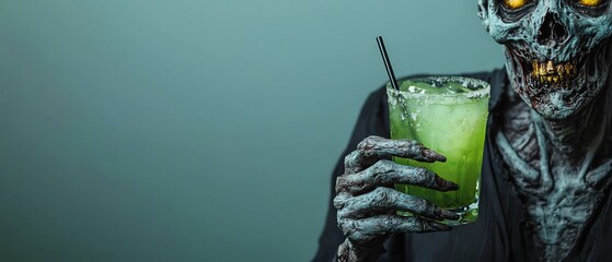 Closeup of a zombies decayed hand holding a cocktail glass, with a green, glowing drink inside zombie halloween party concept.