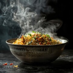 A bowl of biryani rice with chicken, Steam is coming off the top and lemon slices are on the side, Spices are scattered around it.