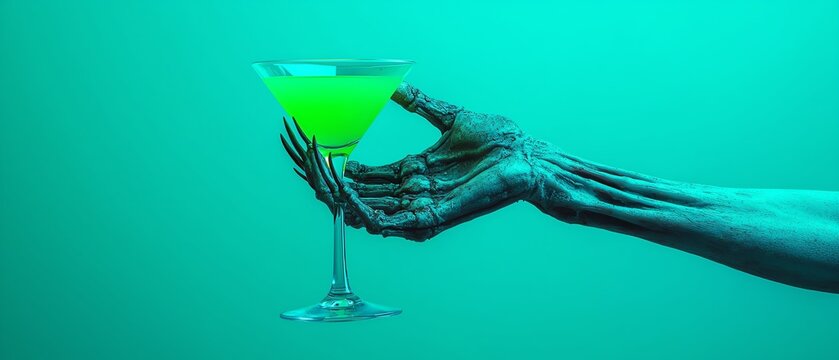 Closeup of a zombies decayed hand holding a cocktail glass, with a green, glowing drink inside zombie halloween party concept.