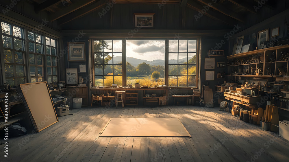 Poster sunlit wooden studio with large windows and a blank canvas.