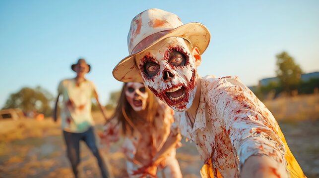 Closeup of a zombies torn, bloodstained costume, with a haunted party scene behind them zombie halloween party concept.
