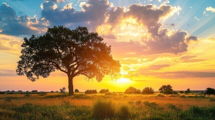 Fototapeta premium Lone Tree Silhouette at Golden Sunset.