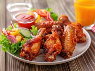 A white plate with fried chicken wings, salad, and sauce on the side, accompanied by a glass of orange juice.