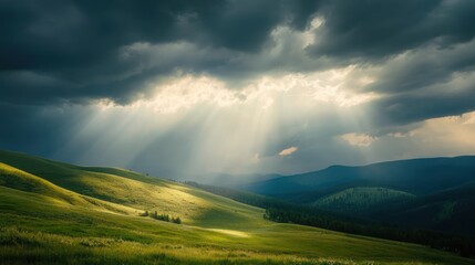 Sunbeams Breaking Through Clouds Over Lush Green Hills