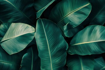 Abstract bold green leaves texture background, elegant tropical banana leaf details, nature wallpaper, vintage tone, deep shading, foliage, ecology concept, dark moody feel. refined,elegance. leaf, ai