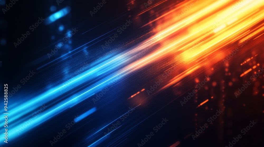 Poster abstract arrow with glowing blue and orange speed motion on dark background