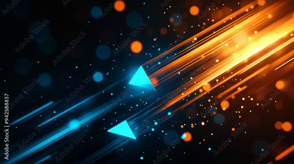 Poster abstract arrow with glowing blue and orange speed motion on dark background