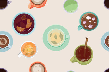 Seamless pattern with a different drinks. Coffee, mocha, cocoa, mulled wine, tea. Suitable for printing on textiles, wrapping paper, covers. Vector illustration