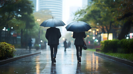 Two people walking under umbrellas in the rain on a wet city street.