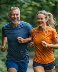 A middle-aged couple is jogging in the park, smiling and laughing while wearing sportswear.