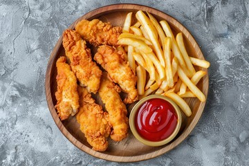 A wooden plate with chicken strips, French fries, and ketchup on a gray background.