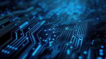 Close-up of a Futuristic Circuit Board with Glowing Blue Lines and Patterns
