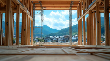 Fototapeta premium View from the inside of a wooden frame house under construction, showing a blue sky, green hills and houses.