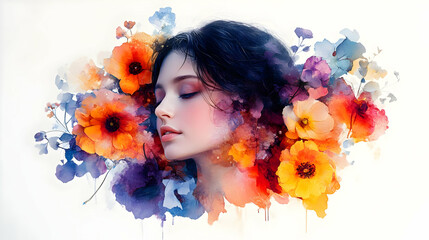 Fototapeta premium Watercolor painting of a woman's face surrounded by colorful flowers.