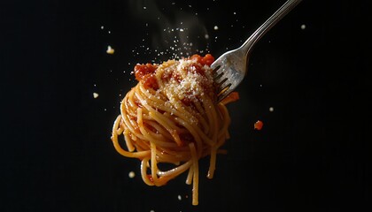 A close-up shot of a fork twirling spaghetti with tomato sauce, topped with grated cheese against a black background.