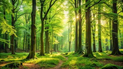 Obraz premium Lush forest scene showcasing trees in different life stages, from young saplings to towering mature trees