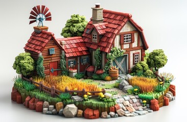 3D isometric farm game icon design with a barn and farmhouse