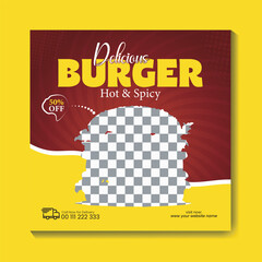 Fast Food Restaurant Social Media Post Design Template. pizza and vegetable burger Delicious meal for Restaurant.