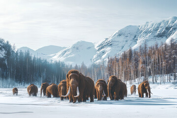 Naklejka premium Woolly mammoth herd in frozen cold landscape, wide banner, extinct prehistoric animals