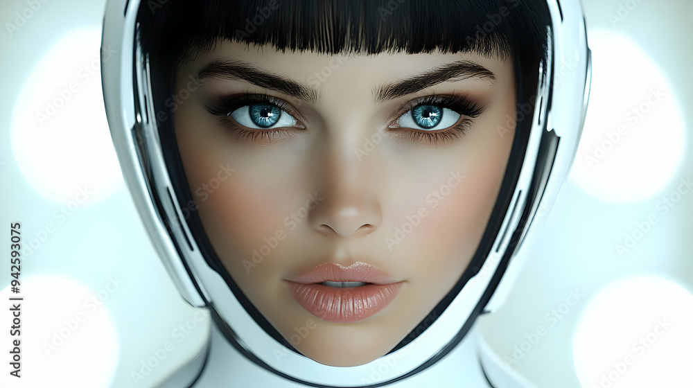 Wall mural woman in a white futuristic helmet with blue eyes looking at the camera.