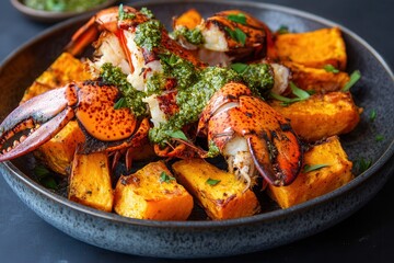Fototapeta premium Roasted lobster with sweet potato and herb sauce on a black plate, studio setting, natural light.