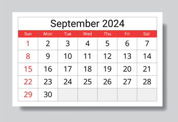 September 2024 ENGLISH month calendar. Vector printable illustration. Monthly planning for events