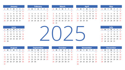 2025 english printable and editable calendar for 12 months. Year in center. Modern template illustration.