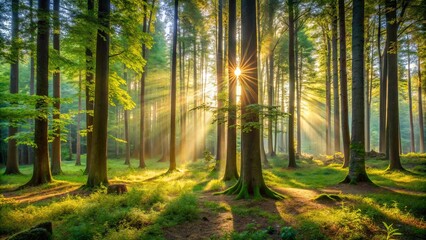 Obraz premium Serene glow enveloping a tranquil forest scene with soft light filtering through the trees