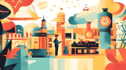 Abstract Cityscape with Geometric Shapes and Buildings