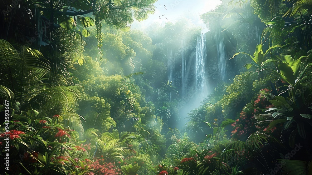Poster a lush rainforest with towering trees and thick, verdant undergrowth. and distant waterfalls. vines 