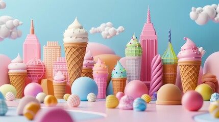 Whimsical Ice Cream Cityscape with Colorful Cones and Candy Buildings Against a Blue Sky