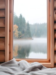 Misty Lake Cabin Window Scene - Serene Forest Landscape Reflection at Dawn