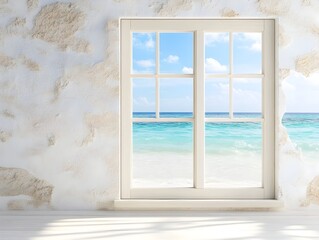 Serene Beach House Ocean View from Window with Sparkling Sunlit Seascape