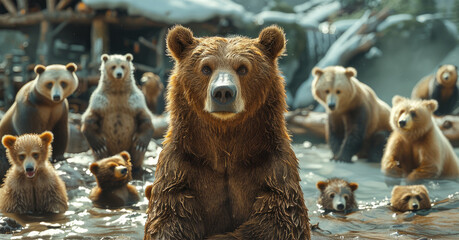 Obraz premium A brown bear poses with comical animals, showcasing the fun and vibrancy of the natural world. Generative AI.