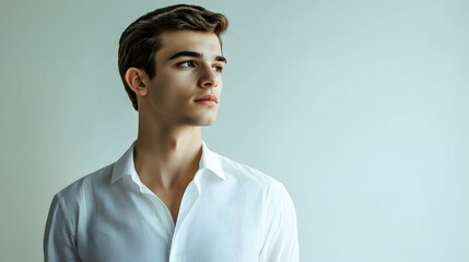 Obraz premium A minimalist portrait of a young man wearing a simple white shirt, set against a plain, light-colored background