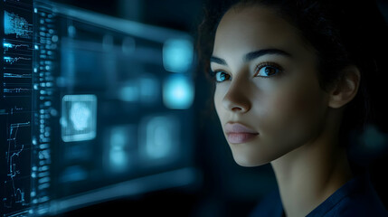 Obraz premium Woman looking at a computer screen with a blue glow.
