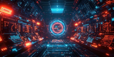 Fototapeta premium Abstract Neon Tunnel with Glowing Lines and Geometric Shapes