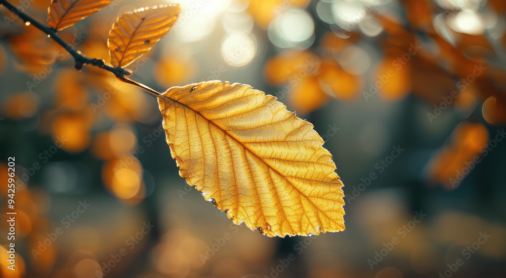 Poster close-up of a yellow autumn leaf. a bright orange tree changes with a blurred bokeh background. gold