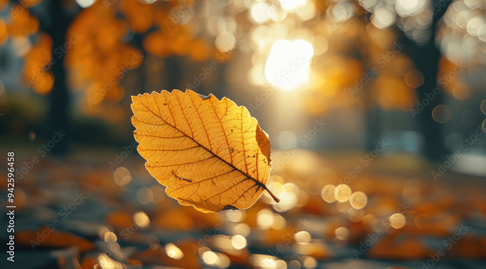 Poster close-up of a yellow autumn leaf. a bright orange tree changes with a blurred bokeh background. gold