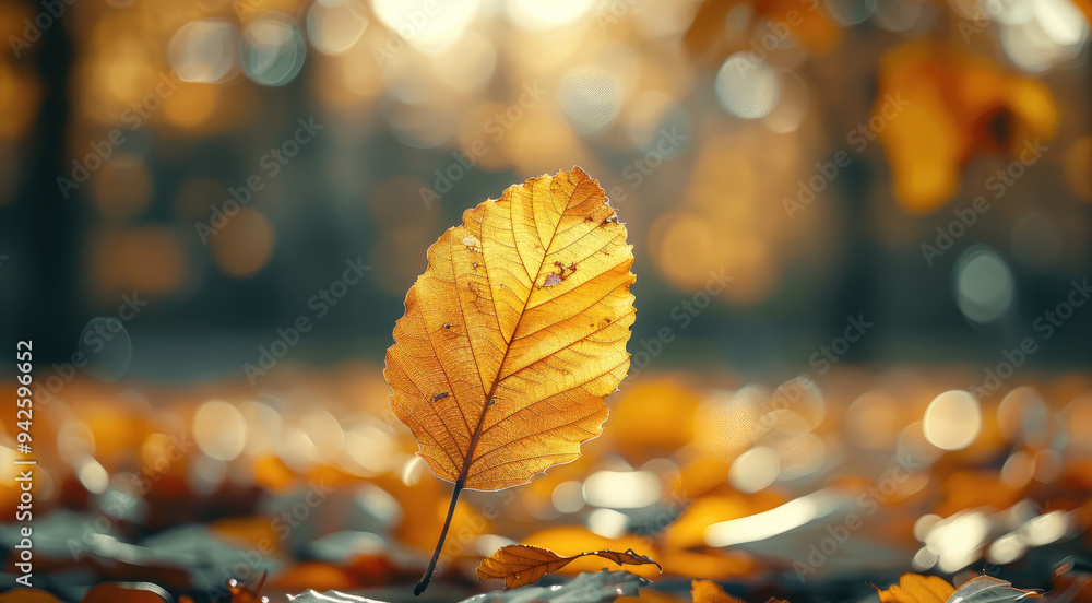 Poster close-up of a yellow autumn leaf. a bright orange tree changes with a blurred bokeh background. gold